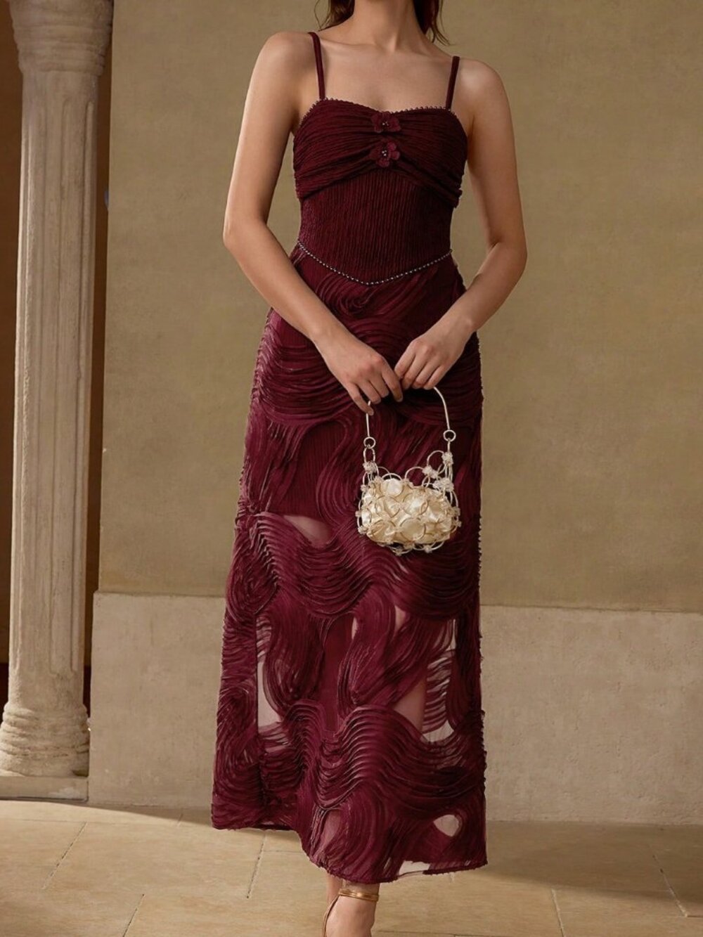 Burgundy Elegant Women's Ruched Backless Maxi Dress